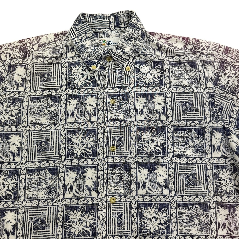 Reyn Spooner Shirt Mens S Blue Short Sleeve Button Up Hawaiian Print Cotton